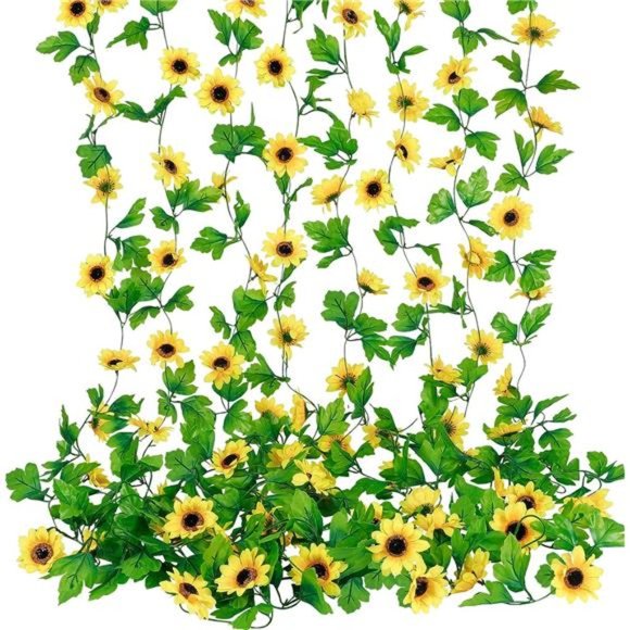 8pcs 60ft Artificial Sunflower Garlands Silk Yellow Sunflower Vines with Leaves - Picture 1 of 7